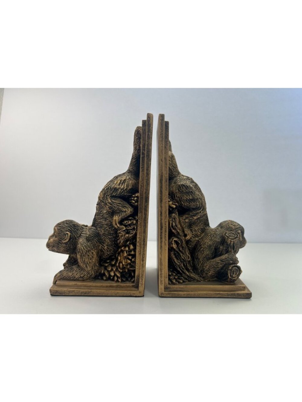 Pair Monkey Bookends Antique-Style Bronze Resin Hollywood Regency Library Jungle - Picture 2 of 8
